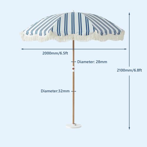 6.5FT Striped Beach Umbrella with Fringe, UPF 50  Sun Protection with Silver Coating, Adjustable Height and Tilt Design, Wind-Resistant Fiberglass Ribs, Wood Grain Iron Pole, Lightweight Design with Portable Carry Bag, Base Not Included