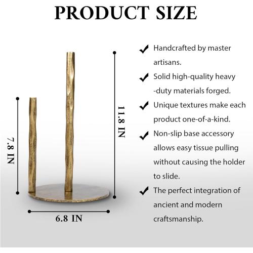 Paper Towel Holder, Hand-Forged Vintage Gold Paper Towel Stand Holder, Kitchen Heavy Duty Solid Metal Countertop Roll Paper Organizer