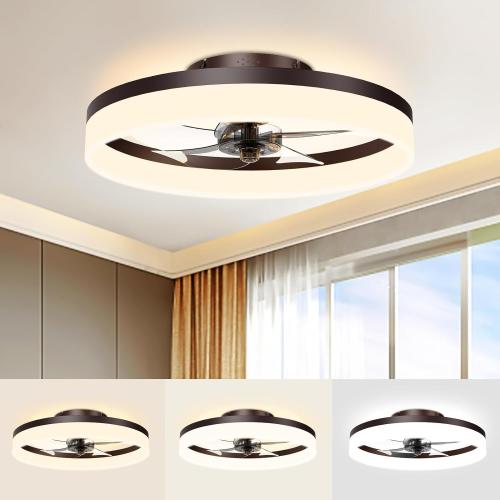 Low Profile Ceiling Fans with Lights and Remote, 16 inch Fandelier Ceiling Smart Bladeless LED Fan Light, Brown Modern Ceiling Fans with Lights for Bedroom  ( no test )