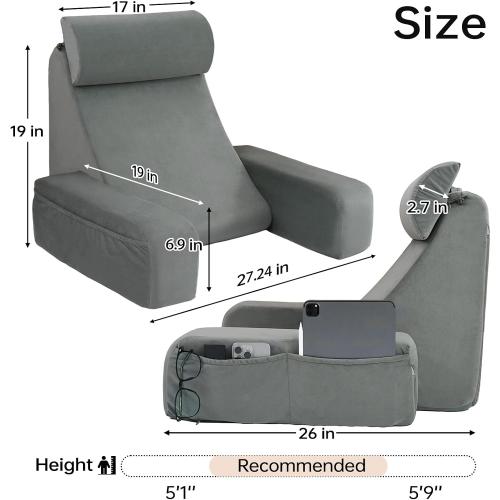 ENITYA 19 Back Support Pillow,Reading Pillow with Attached Arms & Large Pockets, Removable Washable Cover, Wedge for Sitting,Reclining,Watching TV,Post Surgery in Bed,Couch or Floor,Medium Firm,Grey