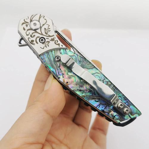 Pocket Knife Damascus Steel Blade, Abalone Shell Handle, Ball Bearing Pivot, Sheath & Pocket Clip for Everyday and Outdoor Camping EDC tool Excellent Gift