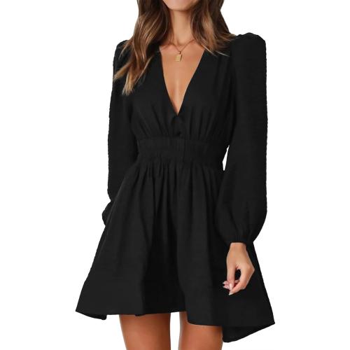 Size/M FAIABLE Mini Deep V Sexy Long Sleeve Dress for Women A-line High Waisted Casual Flowy Dress for Cocktail Wedding Guest
