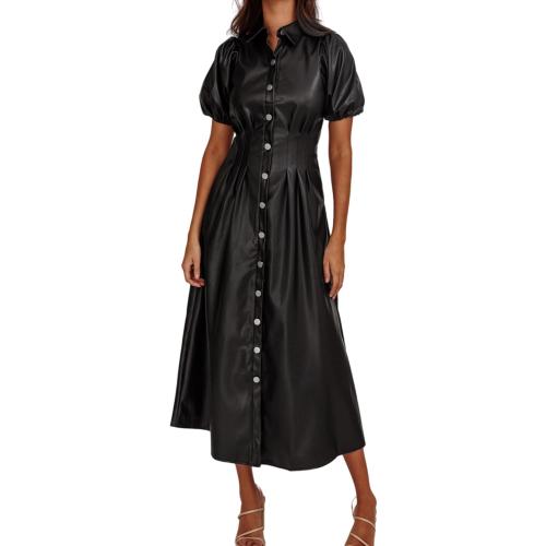 Size L BTFBM Womens Faux Leather Lapel Collared Pleated Button Down Short Sleeve Tunic Midi Dress Casual A-line Long Dress