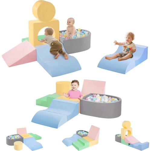 Toddler Climbing Toys Indoor, Baby Foam Climbing Blocks with Ball Pit for 1-3 Years Old, 6-Piece Soft Play Set Climbing Blocks, Climb Crawl Activity Play, Birthday (Balls not Included)