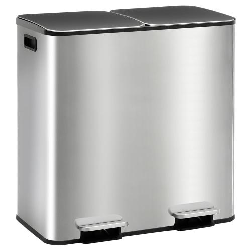 DUMOS 2 x 10.5 Gallon Kitchen Trash Can with Lid, Stainless Steel Garbage Can with Soft-Close Lid & Removable Inner Buckets, Dual Compartment Step-on Waste Bins for Kitchen, Home Office