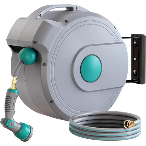 1/2 x 100 ft Retractable Garden Hose Reel, Any Length Lock & 180°Swivel | All-weather Garden Hose Reel Wall Mount for Outside, Retractable Hose with 10-Pattern Nozzle for Cleaning, Watering