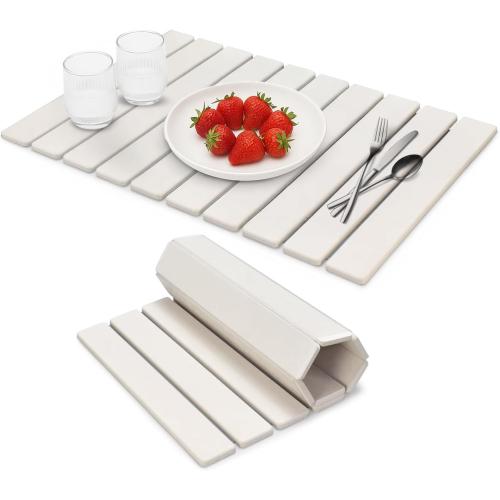 Stone Dish Drying Mat for Kitchen Counter – 24 x 16 Foldable Diatomaceous Earth Mat, Quick Dry & Ultra Absorbent, Non-Slip Drying Pad for Dishes, Bottles, Cups – White Minimalist Design