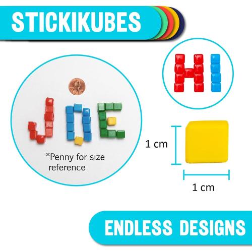 KOMARC GAMES StickiKubes, Mini Stacking Cubes That Stick to Anything, Non Toxic Kid Safe Sticky Blocks, Creative Construction Toy - 36 Cubes, 4 Colors, Display Easel