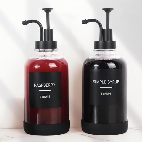 Set of 4 Coffee Syrup Dispenser for Coffee Bar, Set of 4 Non-Slip Glass Syrup Dispenser w. Labels and Silicone Sheath, 16.9 oz 500ml Syrup Pump Dispenser, Coffee Bar Accessories Simple Syrup Bottle w. Pump