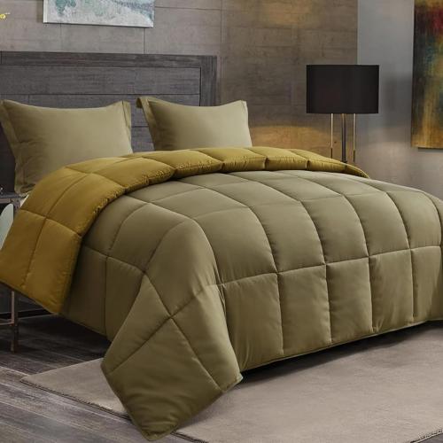 HIG 3pc Dark Olive King Size Comforter Set - All Season Reversible Down Alternative Comforter with Two Shams - Quilted Duvet Insert with Corner Tabs - Box Stitched Blanket - Breathable, Soft, Fluffy