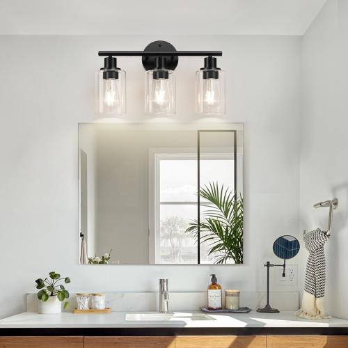 3-Light Bathroom Light Fixtures, 17.23 Black Modern Vanity Lights with Clear Glass Shade, Bathroom Wall Lamp for Mirror Kitchen Living Room Hallway Cabinet Porch