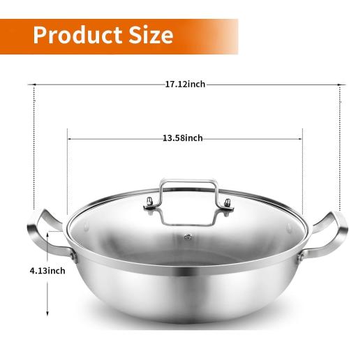 Delarlo Tri-Ply Stainless Steel Hot Pot 14 inch Everyday pan With lid, Everything Pan, Durable Deep Saute Pan, 7QT Induction Cooking Pot,Woks & Stir-Fry Pans Oven Safe Stock Pot