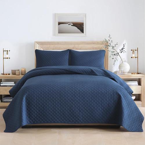 Cotton Quilt Bedding Sets Queen Size, 3 Pieces Reversible Lightweight Coverlets Comforters Bedspreads for All Seasons,Geometric Stitching Pattern,Navy Blue
