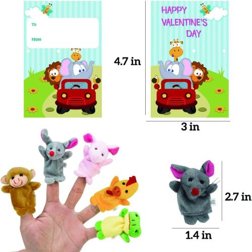 Valentine's Day Cards with 16 Pcs Plush Animal Finger Puppets, Kids Classroom Gifts & Party Favors