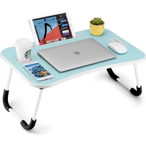Foldable Laptop Table, Portable Lap Desk Bed Table Tray, Laptop Stand with Cup Holder & Tablet Slot & Lifting Handle for Working Writing Drawing & Eating (Blue)