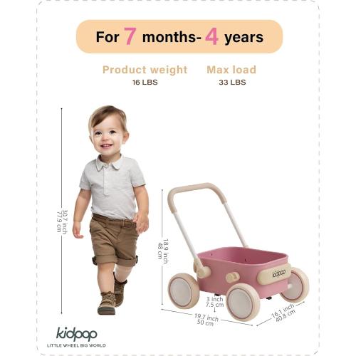 PULA Baby Push Walker with Wheels Toddler Wagon for First Learner Baby Toys 6-12 Months, 1 Year Old Birthday Gifts, Indoors and Outdoors (Pink)