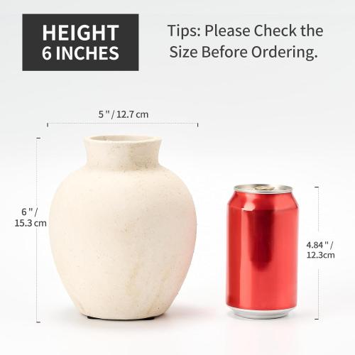 SIDUCAL Ceramic Decorative Flower Vase | 6 Inch Pottery Rustic Farmhouse Boho Vase for Home Decor, Table, Living Room, Bathroom, Shelf, Mantel Decoration, Wedding, White