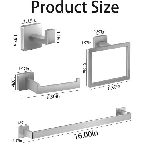 Square Bathroom Hardware Set, Bathroom Accessories Set10 Pieces Includs 16 inch Towel bar, Square Towel Ring, Toilet Paper Holder, Towel Hook (Brushed Nickel-10PCS-16Inch)