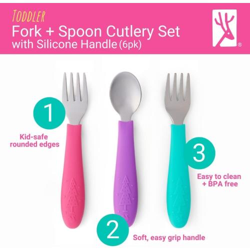 Blue Orange and Green 6 Pc Set Elk and Friends Kids Silverware with Silicone Handle | Childrens Safe Flatware | Toddler Utensils | Baby Spoons   Forks | Stainless Steel Cutlery