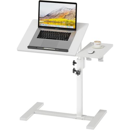 Height Adjustable C-Shaped Table with Removable Wheels, Mobile Sofa Snack Table with Tiltable Top, Adjustable Laptop Stand for Couch, Bedside Desk with Pen Slot, White