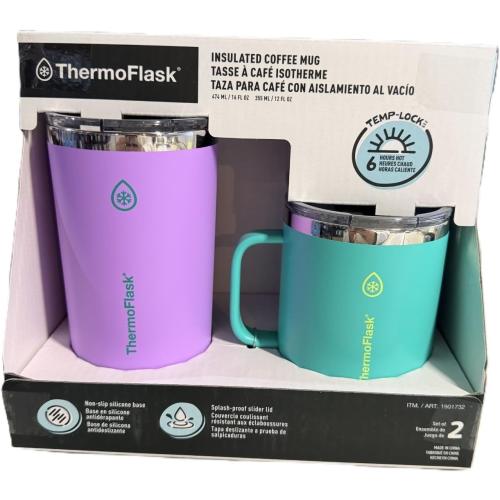 ThermoFlask Insulated Coffee Mugs, Set of 2, 12 oz and 16 oz, Non-Slip Base,  (Fuscia/Green)