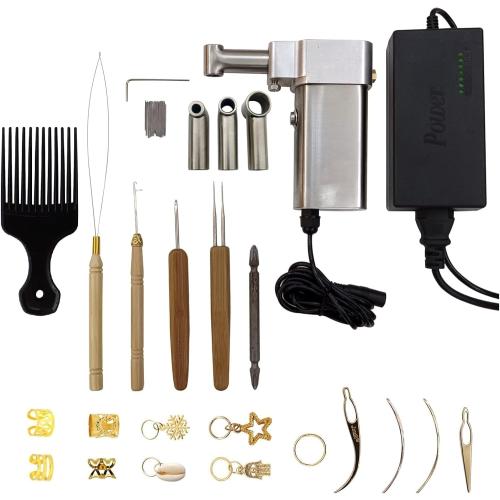 Dreadlock Machine, Dreadlock Machine Kit Automatic Loc Machine with Multiple Tools 3 Replacement Holes(0.2/0.39/0.63in) Dreadlocks Jewelry Barber Hair Brush Hair Locking Tools Dreadlock Crochet Hook