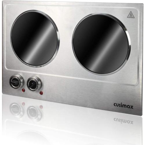 CUSIMAX 1800W Ceramic Electric Hot Plate for Cooking, Dual Control Infrared Cooktop, Double Burner, Portable Countertop Burner, Glass Plate Electric Cooktop, Silver, Stainless Steel-Upgraded Version