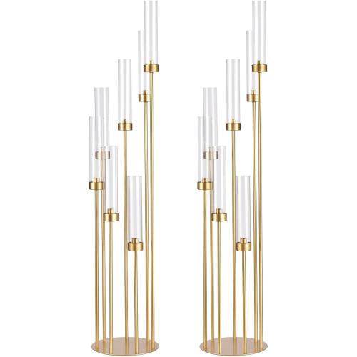 2Pcs Gold 7 Arm Candelabra Candle Stand for Wedding, Metal Candlestick Holder with Acrylic Lampshade for Theme Party Table Centerpieces Wedding Holiday Birthday Party (48Inch) Fit LED Taper Candles