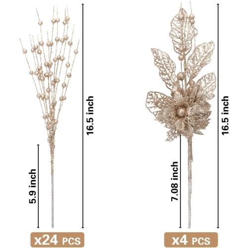 ROSELEAF 28 Pack Christmas Tree Ornaments Set, Champagne Artificial Glitter Berry Flowers Stem Branches Picks for Xmas Tree Decoration Gift Small Vase Home Holiday Wedding Party Decor