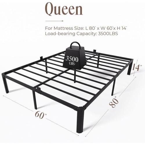 14 Inch Metal Bed Frame Queen Size, Heavy Duty Balck Platform Queen Size Bed Frame with Round Corner Legs, Mattress Slide Stopper, No Box Spring Needed, Easy Assembly