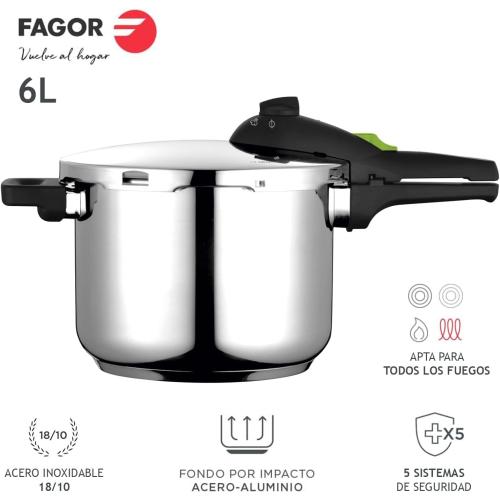 Fagor Rapid Xpress Pressure Cooker 6 Litres, Induction, Express Super Fast, Stainless Steel 18/10, All Types of Cookers, Thermo Diffuser Bottom, 2 Pressure Levels, 5 Safety Systems