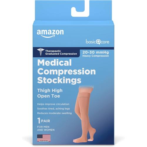 Size 2x-large Amazon Basic Care Medical Compression Stockings, 20-30 mmHg Support, Women & Men Thigh Length Hose, Open Toe, Beige, 2X-Large (Previously NuVein)