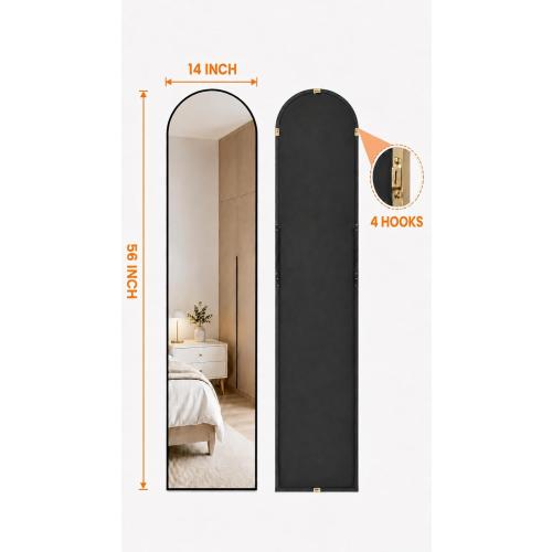 Antok 56 x14” Arched Full Length Floor Mirror, Black Aluminum Frame, Free Standing/Wall Mount/Leaning for Bedroom, Living Room, Dressing Room