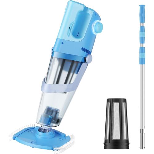 Cordless Pool Vacuum with Telescopic Pole, 26.5 gallons/min Powerful Suction, Handheld Rechargeable Swimming Pool Cleaner with 1H Running Time, Pool Vacuum for Above/In Ground Pools, Spas, Hot Tubs