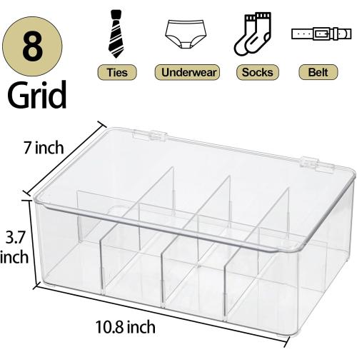 Plastic Clear Storage Containers, Set of 2 Tea Bag Organizer Boxes 8 Compartments with Lids, Underwear Tie Drawer Organizer, Dresser Organizer (10.8×7×3.7)