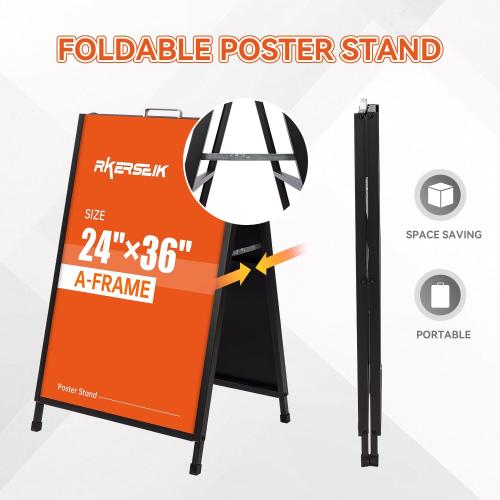 Heavy Duty A-Frame Sidewalks Signs 24×36 Inch，Sandwich Board Black Coated Steel Metal Portable Double-Sided，Slide-in Folding (24×36 Double Side （flat-pack）)