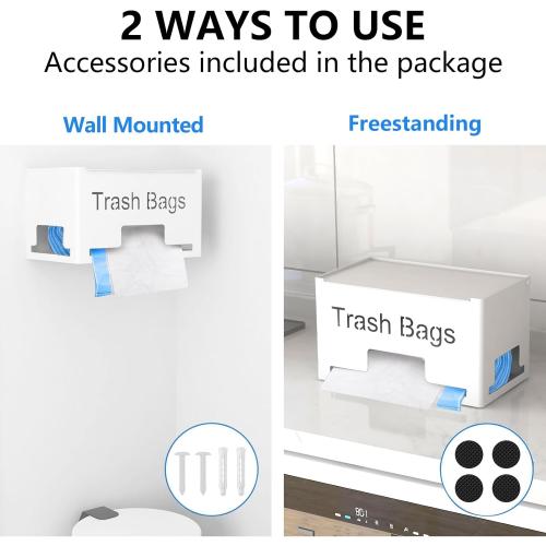 Size Large Trash Bag Holder Dispenser, Metal Garbage Bag Dispenser Roll Holder, Kitchen Trash Storage Organizer for Under Sink, Wall Mounted or Countertop, White