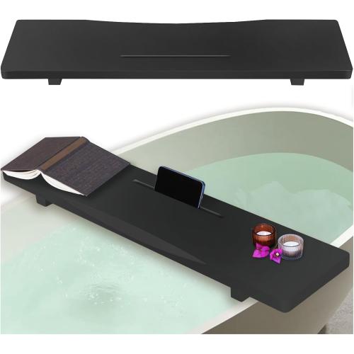 Stylish Black Bamboo Bathtub Tray Caddy with Adjustable Legs, Minimalistic Design Bath Tray for Tub, Bathtub Accessories, Fits Most Free Standing Bath Tubs, Idea for Women