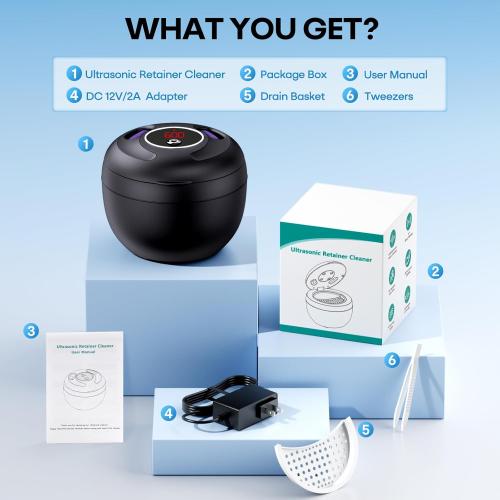 Upgraded Ultrasonic Retainer Cleaner Machine, 45kHz Ultrasonic Dentures Cleaner for Night Guards, Braces, Aligner, Toothbrush, Jewelry and More, 200ML Capacity, Black1
