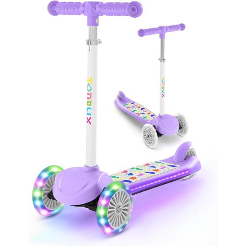 TONBUX Kids Scooter for Ages 3-8, Toddler Scooter with Light-Up Wheels, Adjustable 4-Level Height 3-Wheel Scooters for Kids, Lean-to-Steer Design