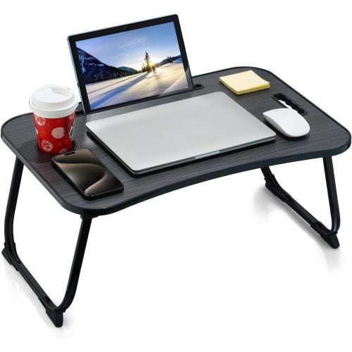 Laptop Bed Desk, Foldable Lap Desk, Portable Lap Table, Laptop Stand with Cup Holder & Tablet Slot & Lifting Handle for Working Writing Drawing & Eating - Black