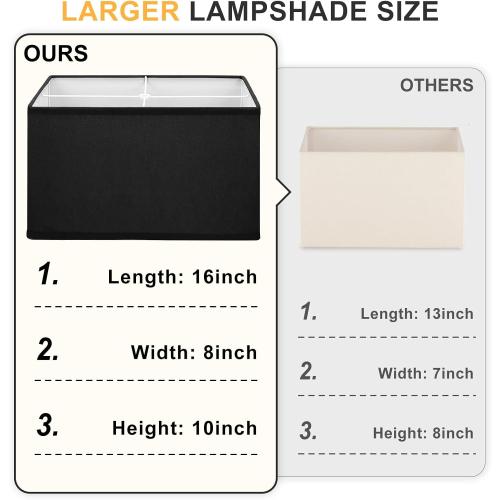 Black Lamp Shades Set of 2, Large Rectangle Lampshades Replacement, 16L x 8W x 10H, Fabric Lamp Shade for Table Lamps Floor Lamps, Spider, Harp Holders Included, Easy Assembly Required