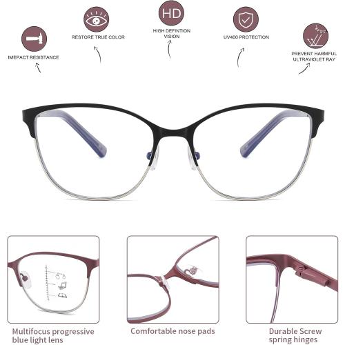 Progressive Multifocal Reading Glasses Women Cat Eye No Line Multifocus Transition Blue Light Reader Lady Metal Frame
