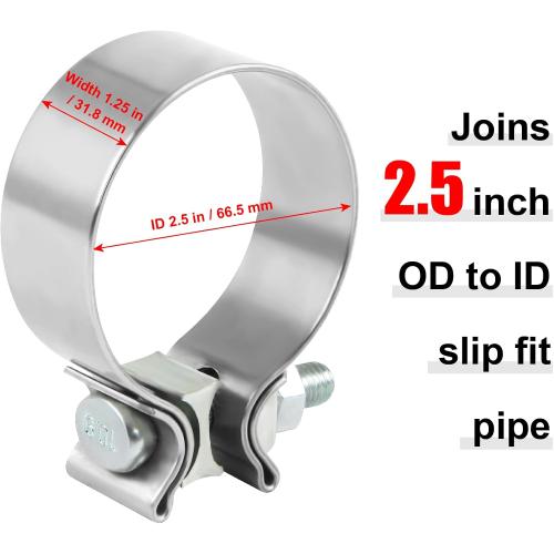2.5 Inch Exhaust Clamp, 2.5 Narrow Band Muffler Clamp, Stainless Steel, 2pcs