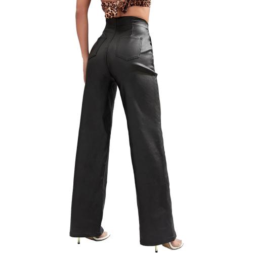 Size S Viligo Faux Leather Pants High Waist Coated PU Button Straight Leather Black Leggings Wide Leg Pants with Pockets