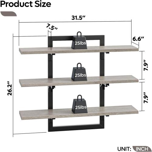 Bestier Floating Shelves for Wall, 32 inch Kitchen Shelves Wall Mounted, 3 Tier Coffee Bar Shelf with Foldable Brackets, Industrial Display Shelf for Bathroom, Living Room, Retro Grey