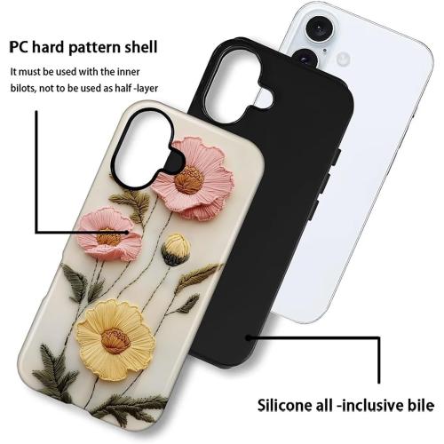 Case for iPhone 16 Case,Faux Embroidery Boho Floral Design - Hybrid Dual Protection Silicone   Hard PC Shockproof Full Body Cover Slim Anti-Scratch Protective Case for Men Women