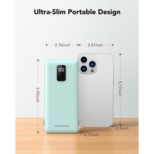 charmast Portable Charger with Built-in Cables and Plug, 10000mAh USB C Power Bank Fast Charging, External Battery Pack Slim, Travel Essentials Compatible with iPhones, Samsung Galaxy, iPad