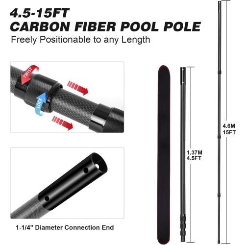 Carbon Fiber Pool Pole - Professional 15 Foot Telescopic Pool Cleaning Pole, Pool Skimmer Net Pole, Telescoping Swimming Pool Poles Heavy Duty 15FT
