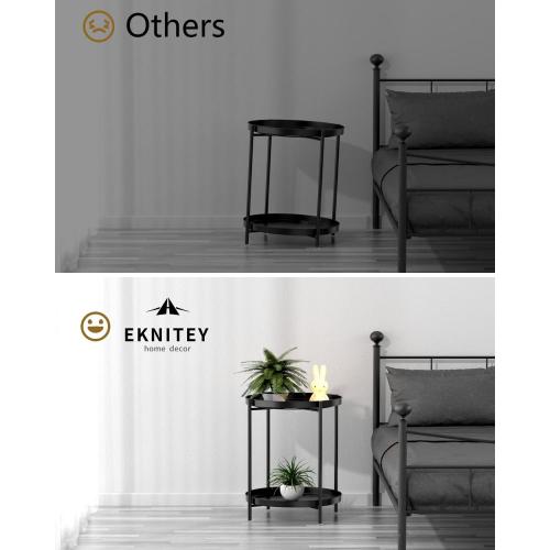 EKNITEY 2 Tier End Table - Metal Side Table Waterproof Small Sofa Coffee Side Tables Bedroom Indoor Outdoor with Removable Tray for Living Room Bedroom Balcony and Office (Black)